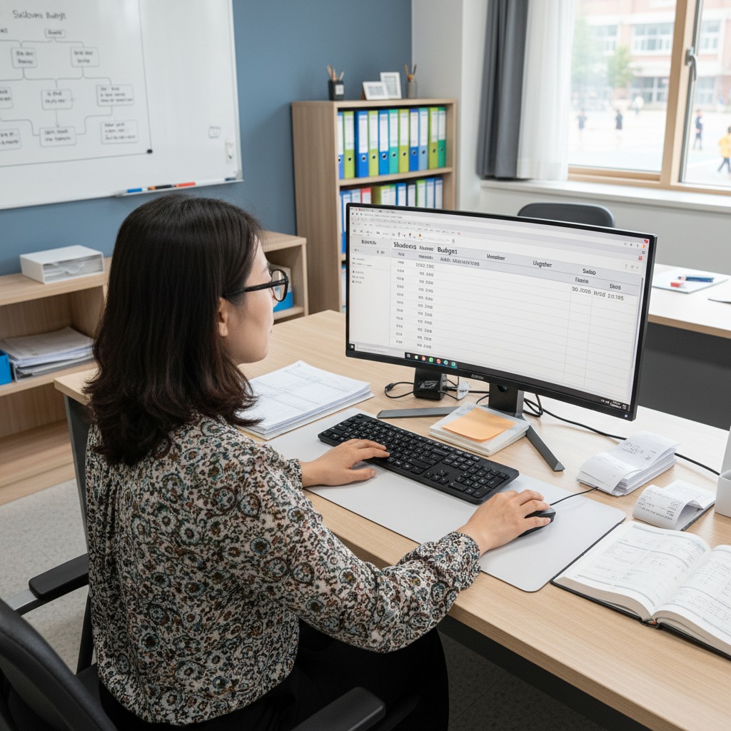 En kvinna sitter vid sitt skrivbord på ett kontor och arbetar framför en datorskärm.